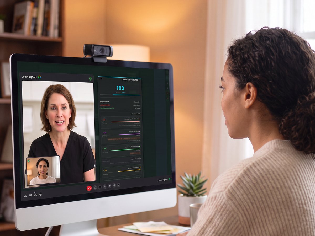 A member on a video visit with her provider, results on screen