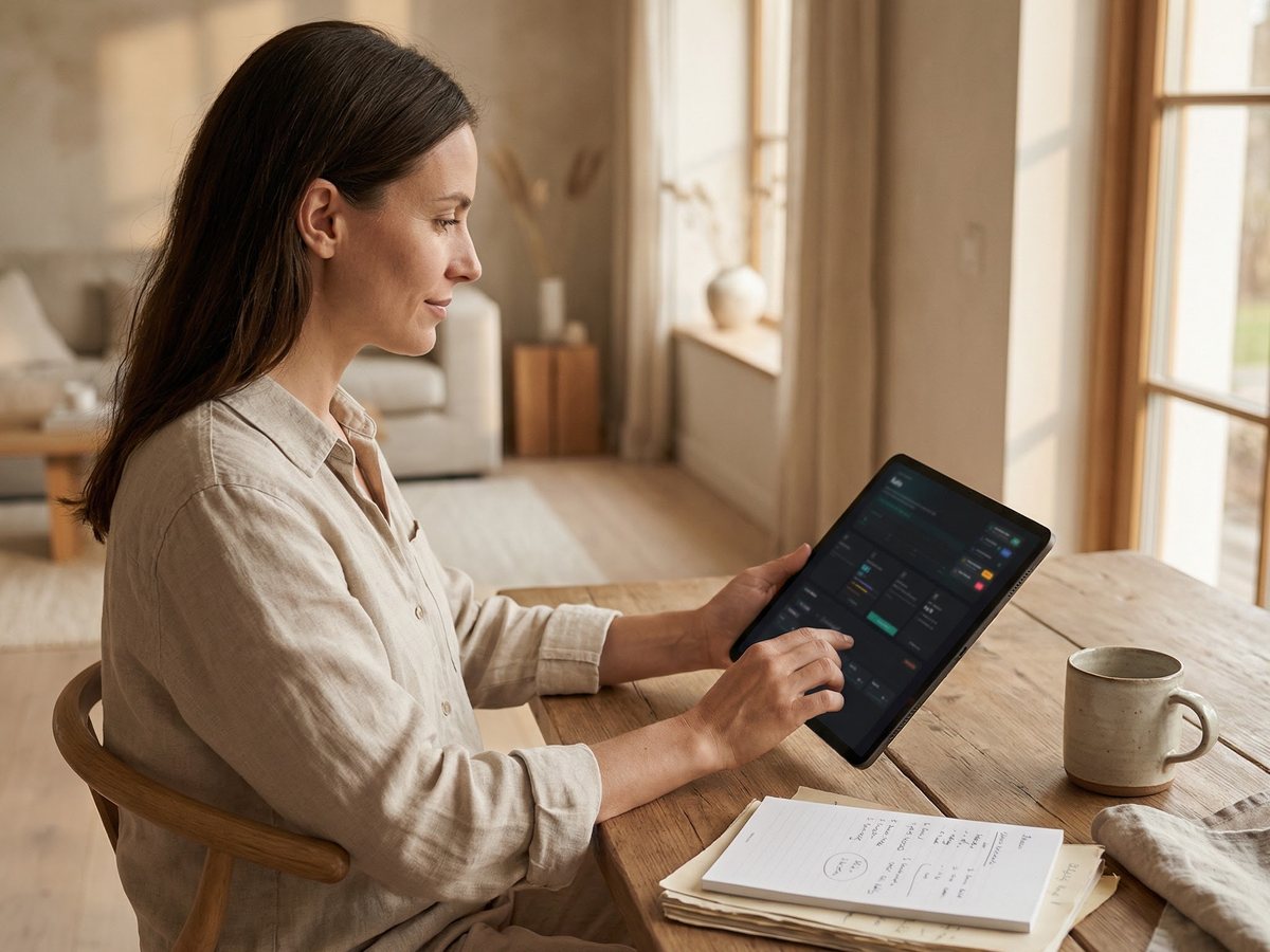 A member reviewing her medication costs on a tablet at home